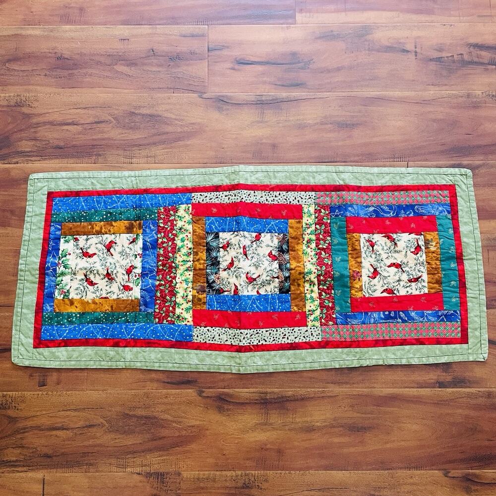Handmade Quilted Christmas Table Runner 17"x41" Patchwork Cardinals Pine Holly